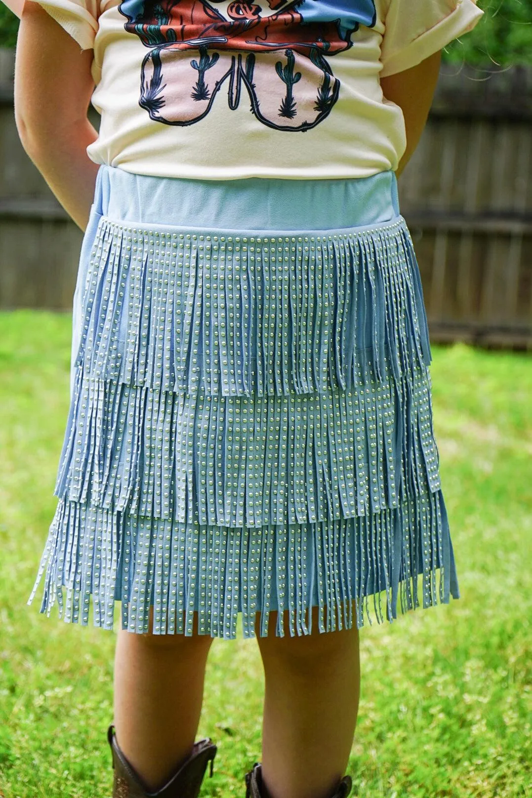 "Wild & Free" Light Blue Fringe Skirt Set