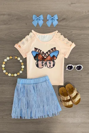 "Wild & Free" Light Blue Fringe Skirt Set