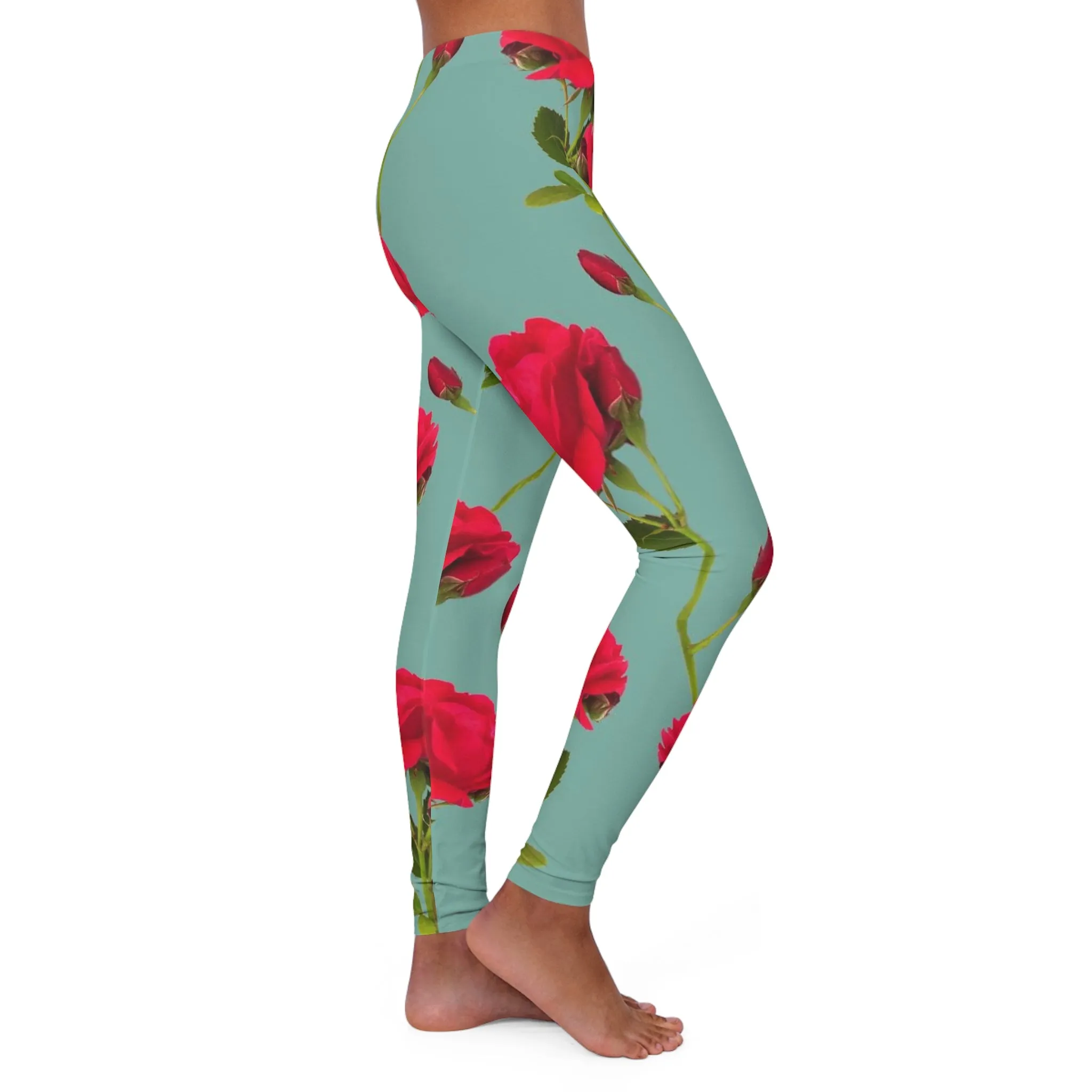 Red Flowers and blue - Inovax Women's Spandex Leggings