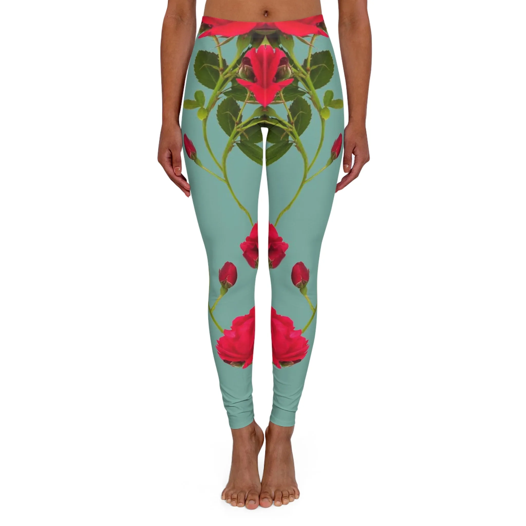 Red Flowers and blue - Inovax Women's Spandex Leggings