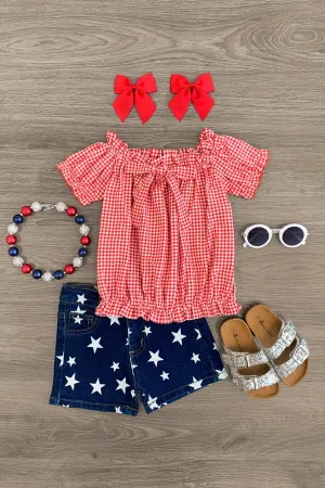 Red Gingham Star Denim Short Set