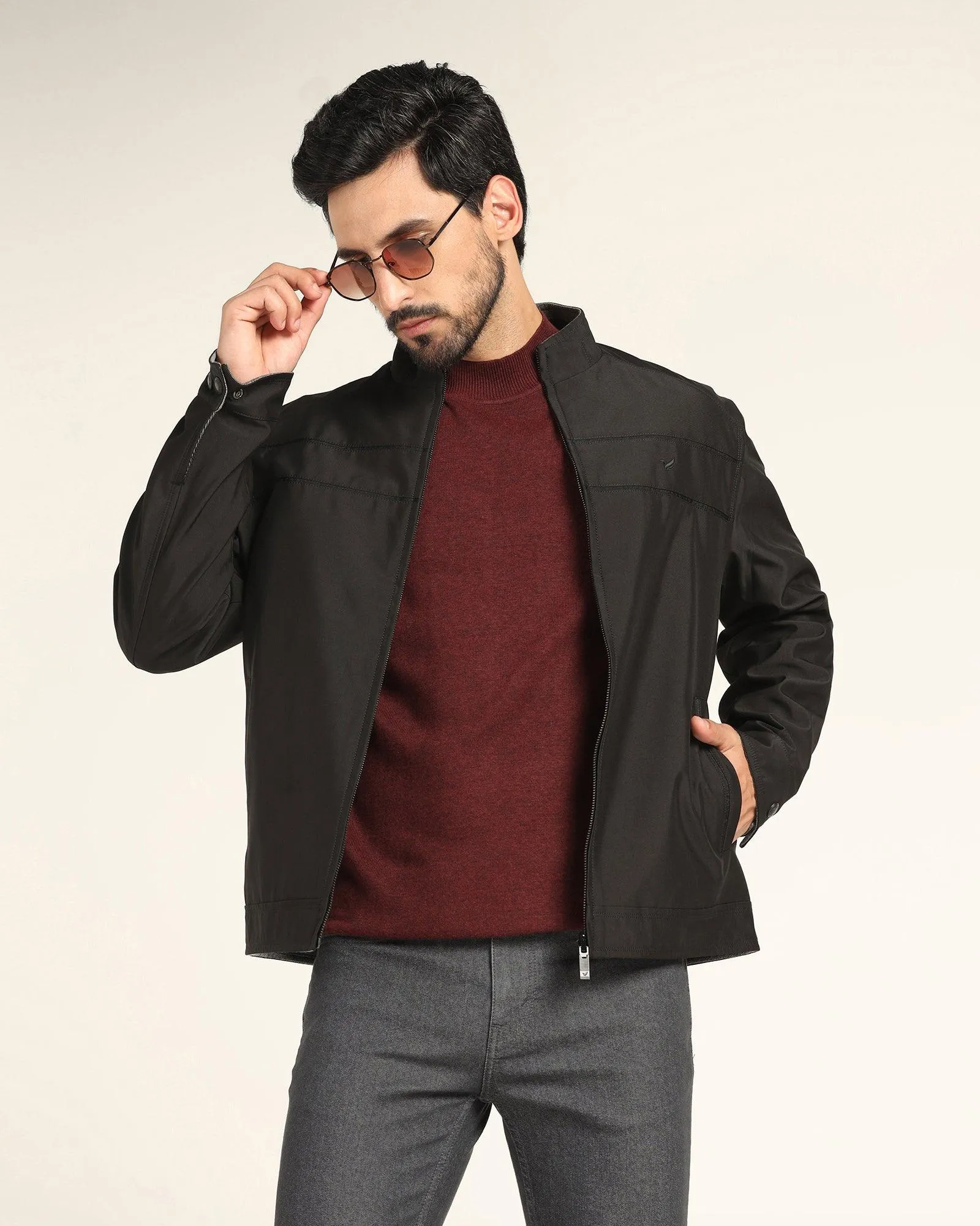 Reversible Black Solid Zipper Jacket - Levin