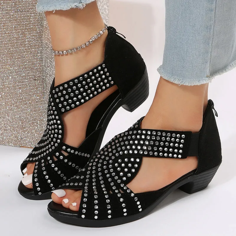 Rhinestone Embellished Ergonomic Square Heel Shoes with Zipper Closure