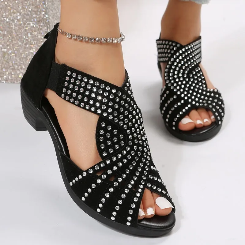 Rhinestone Embellished Ergonomic Square Heel Shoes with Zipper Closure