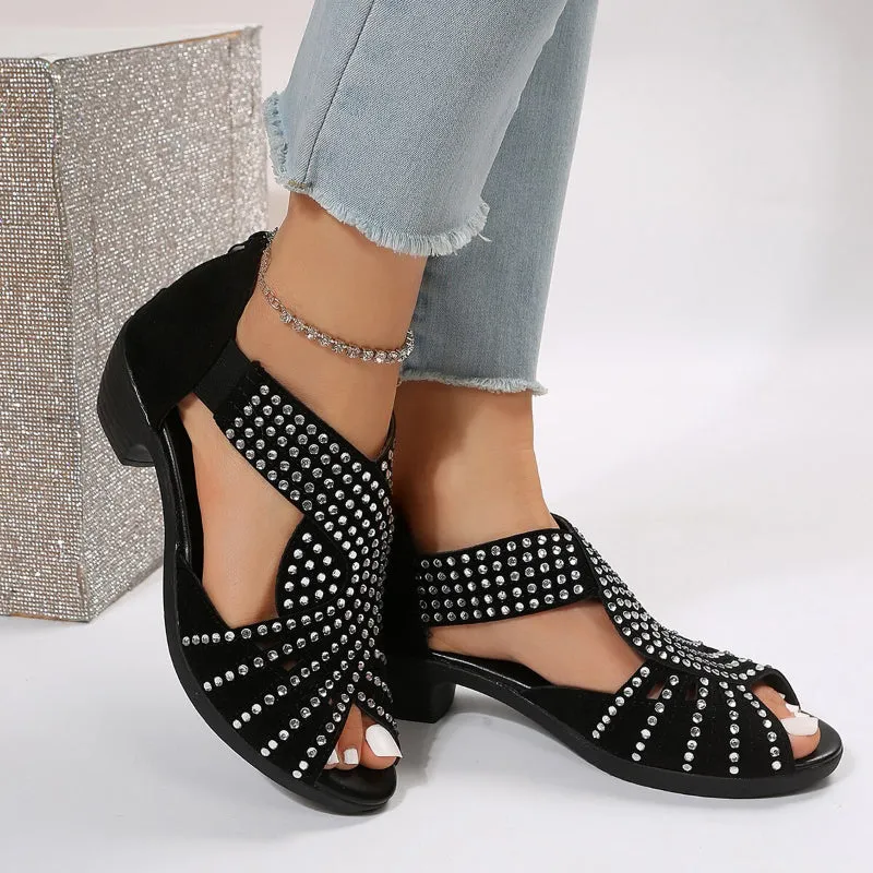 Rhinestone Embellished Ergonomic Square Heel Shoes with Zipper Closure