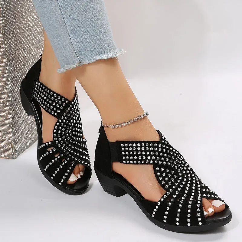 Rhinestone Embellished Ergonomic Square Heel Shoes with Zipper Closure