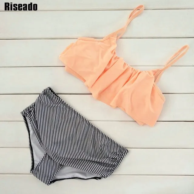 Riseado High Waist Swimwear Women New 2017 Ruffle Vintage Bikini Swimsuit Bandage Striped Bottom Bathing Suits