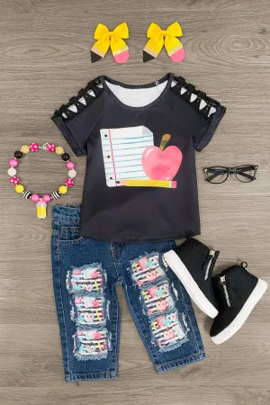 School Supplies Distressed Denim Capri Set