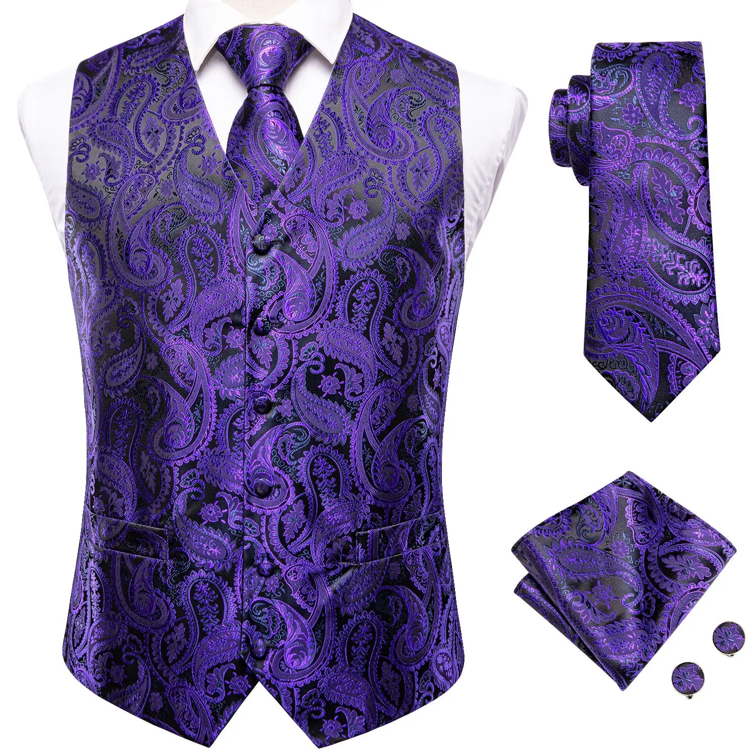 Shiny Purple Black Paisley Silk Men's Vest Hanky Cufflinks Tie Set Waistcoat Suit Set