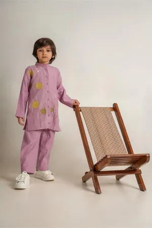 Spooky Bay- Lavender Chanderi Silk Hand Embroidered Full Sleeves Kurta & Pant Set for Boys