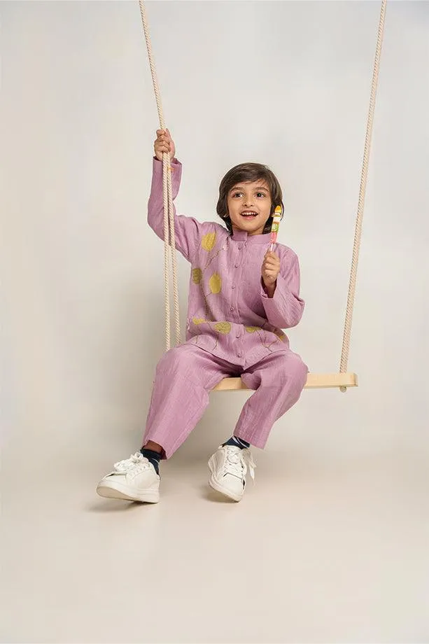 Spooky Bay- Lavender Chanderi Silk Hand Embroidered Full Sleeves Kurta & Pant Set for Boys