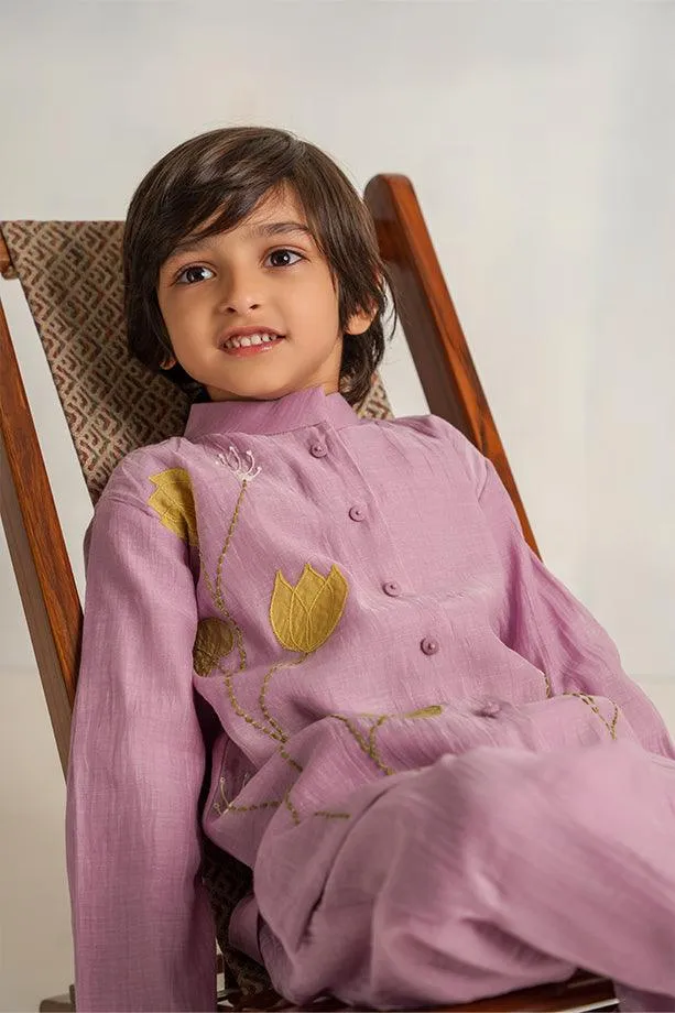 Spooky Bay- Lavender Chanderi Silk Hand Embroidered Full Sleeves Kurta & Pant Set for Boys