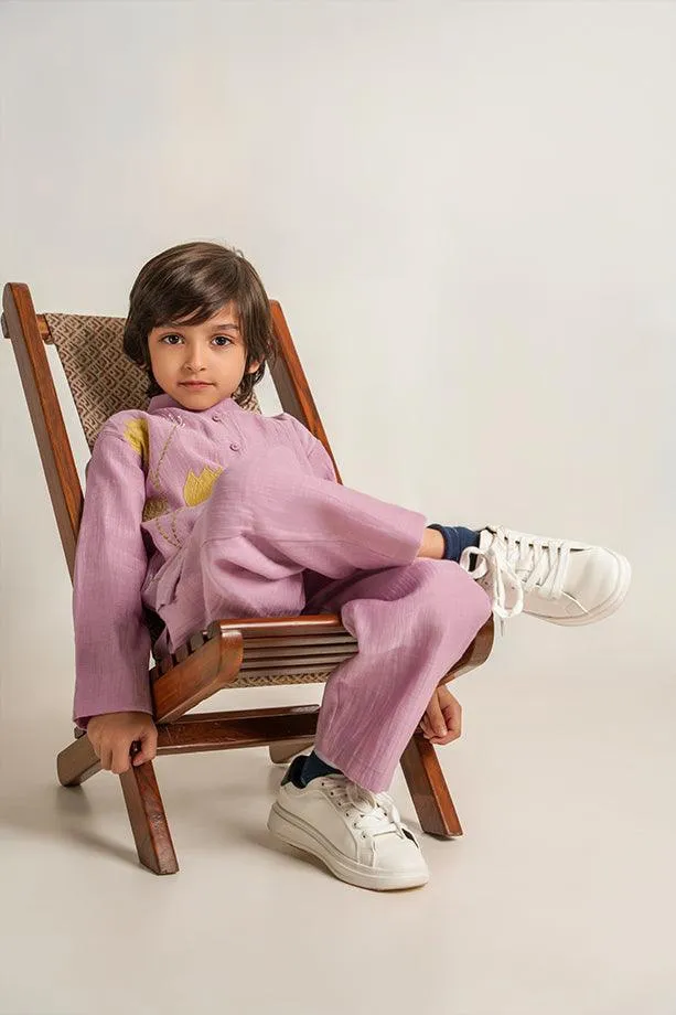 Spooky Bay- Lavender Chanderi Silk Hand Embroidered Full Sleeves Kurta & Pant Set for Boys