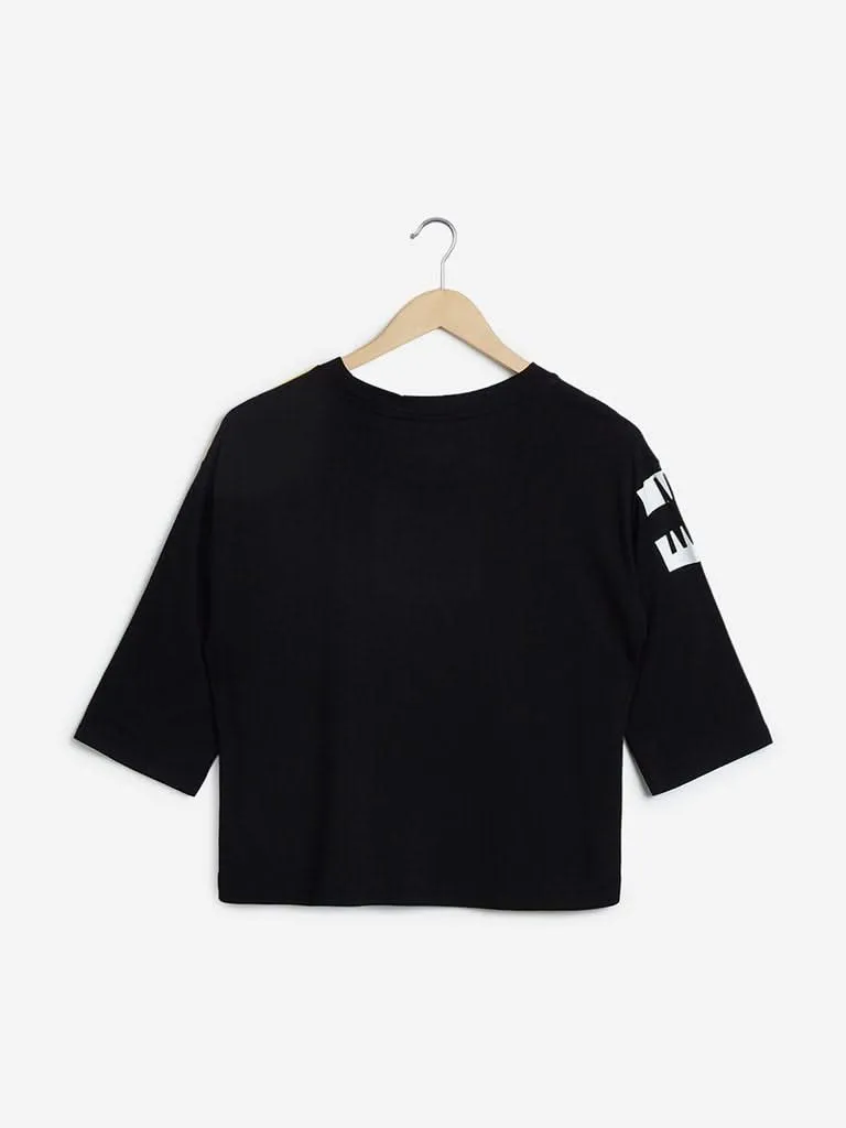 Studiofit Black Text Printed Crop-Top