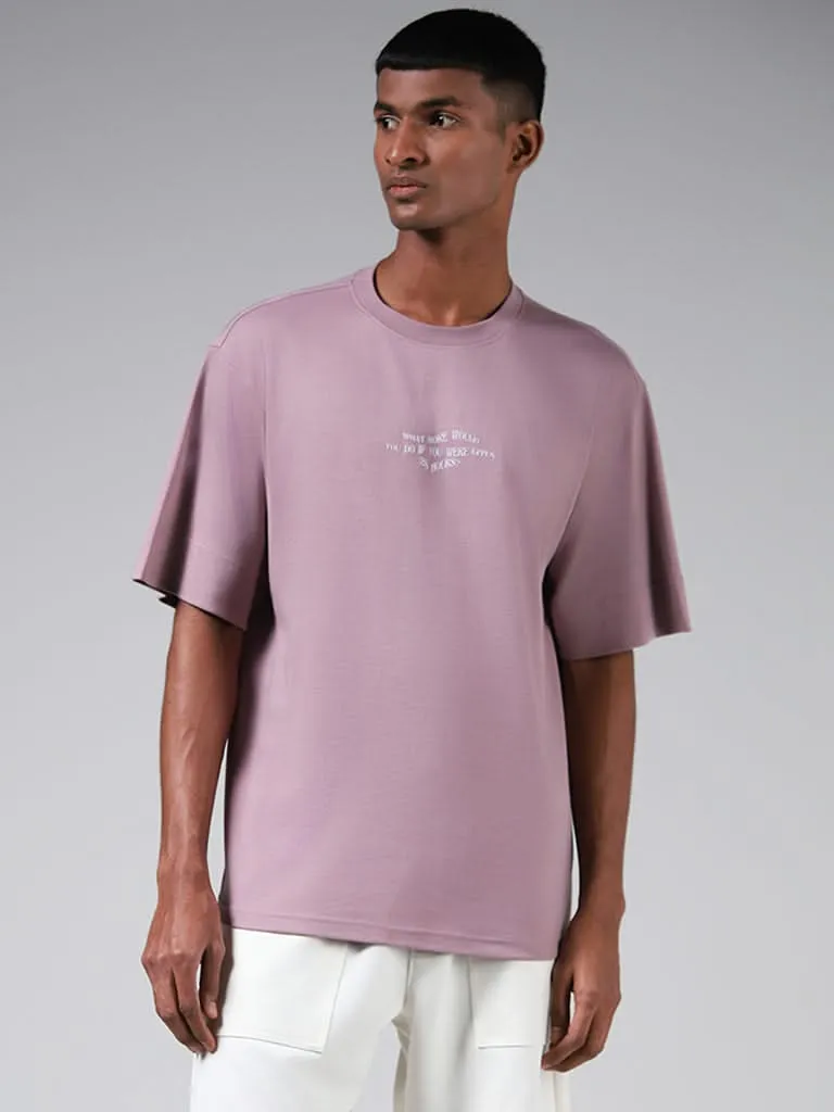 Studiofit Mauve Typographic Printed Cotton Blend Relaxed-Fit T-Shirt