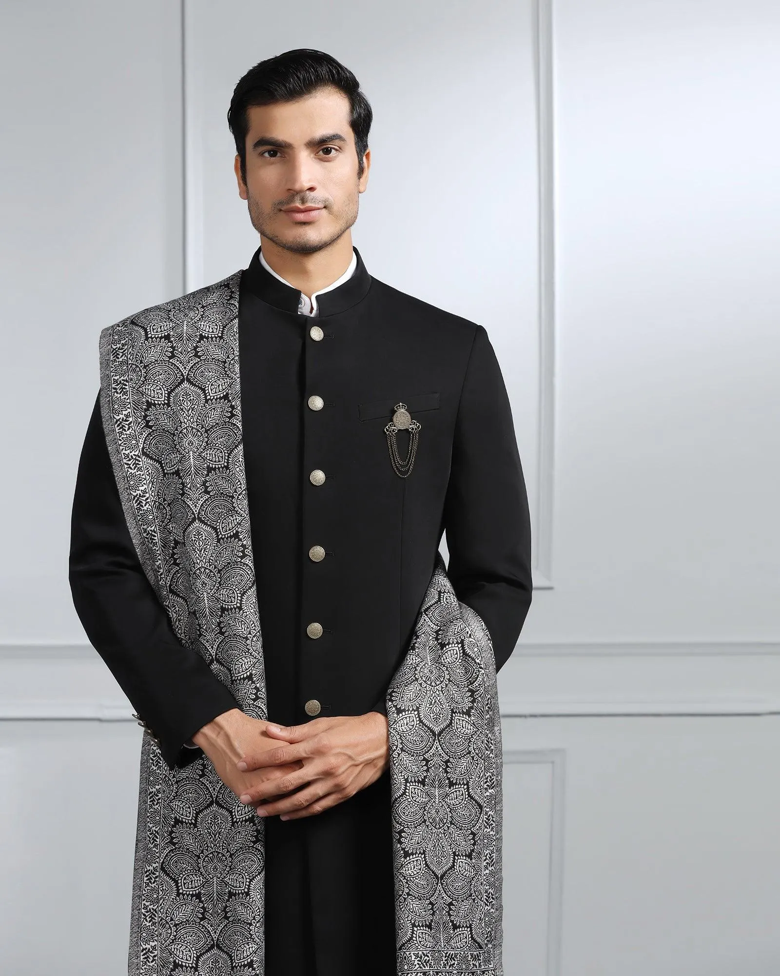 Swarn Two Piece Black Solid Achkan Set - Dagaris