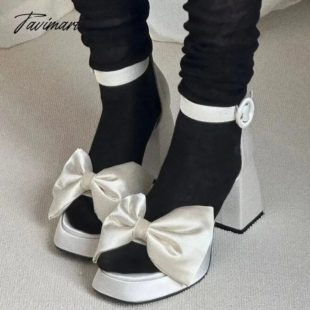 Tavimart Fashion French Style Silks Big Bow Summer Sandals Women Sexy Shoes Party Dress Thick Heel Wedding Sandals