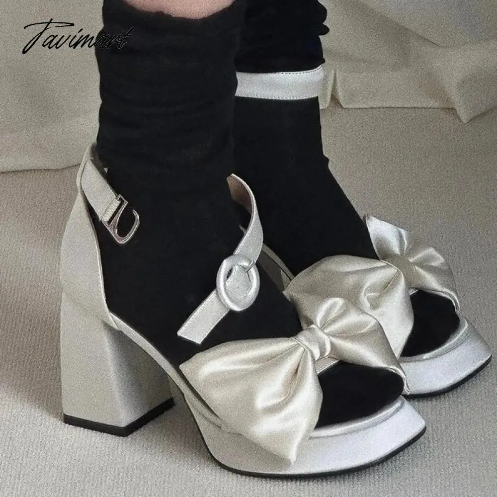 Tavimart Fashion French Style Silks Big Bow Summer Sandals Women Sexy Shoes Party Dress Thick Heel Wedding Sandals