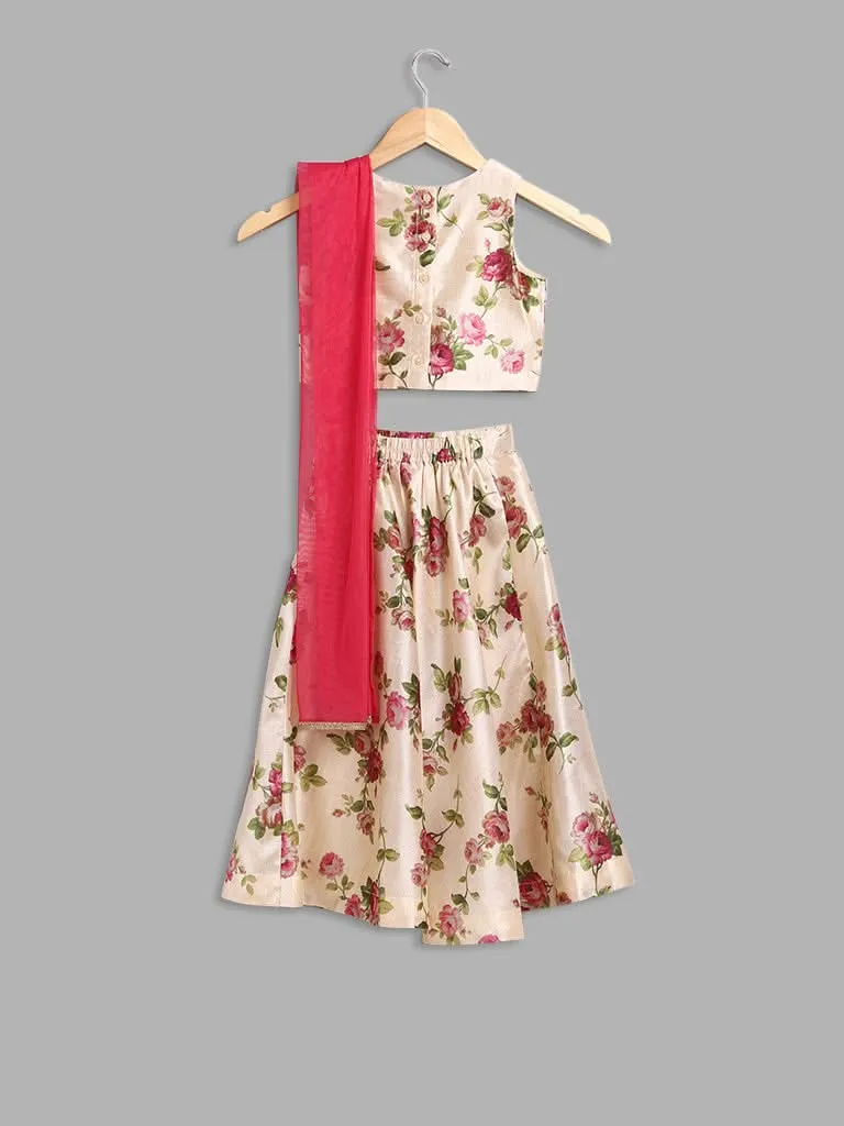 Utsa Kids Beige Floral Printed Top, Skirt and Dupatta Set (2 - 8yrs)