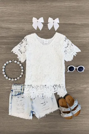 White Floral Lace Bleached Denim Short Set