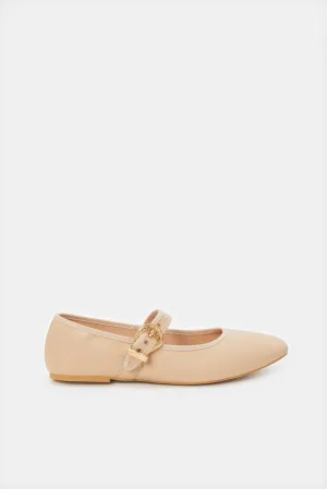 Women Beige Ballerina With Buckle Trim