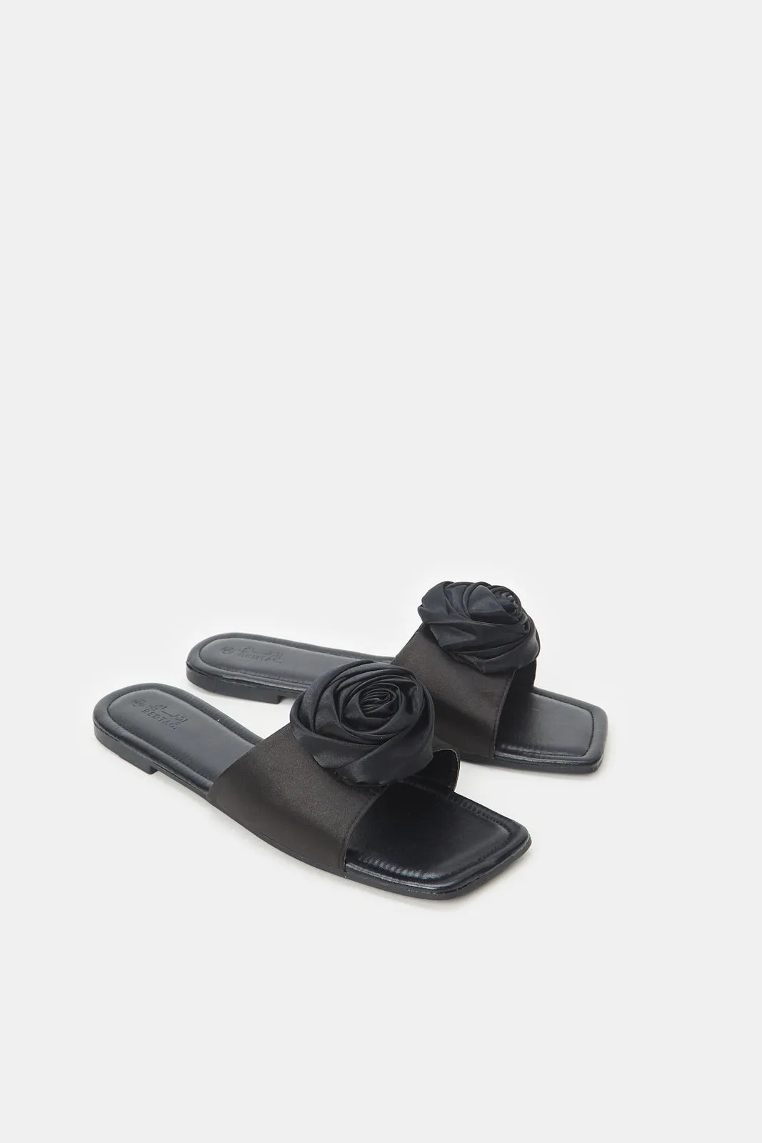 Women Black Satin Flower Mule