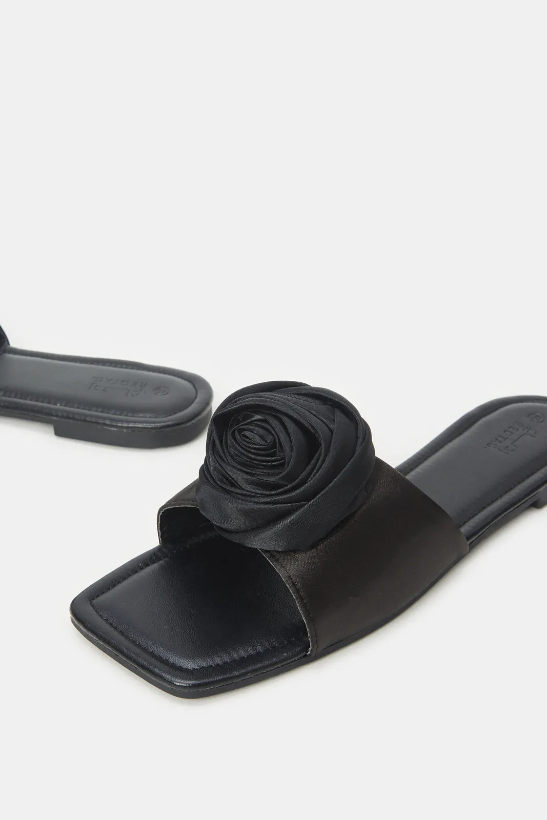 Women Black Satin Flower Mule