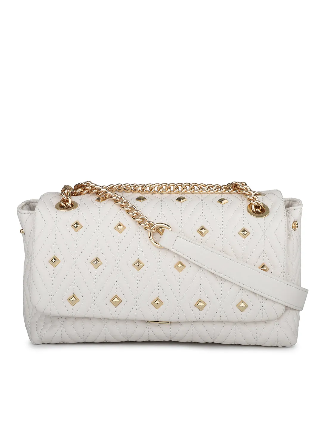 Women Off White Quilted Embellished Shoulder Bag