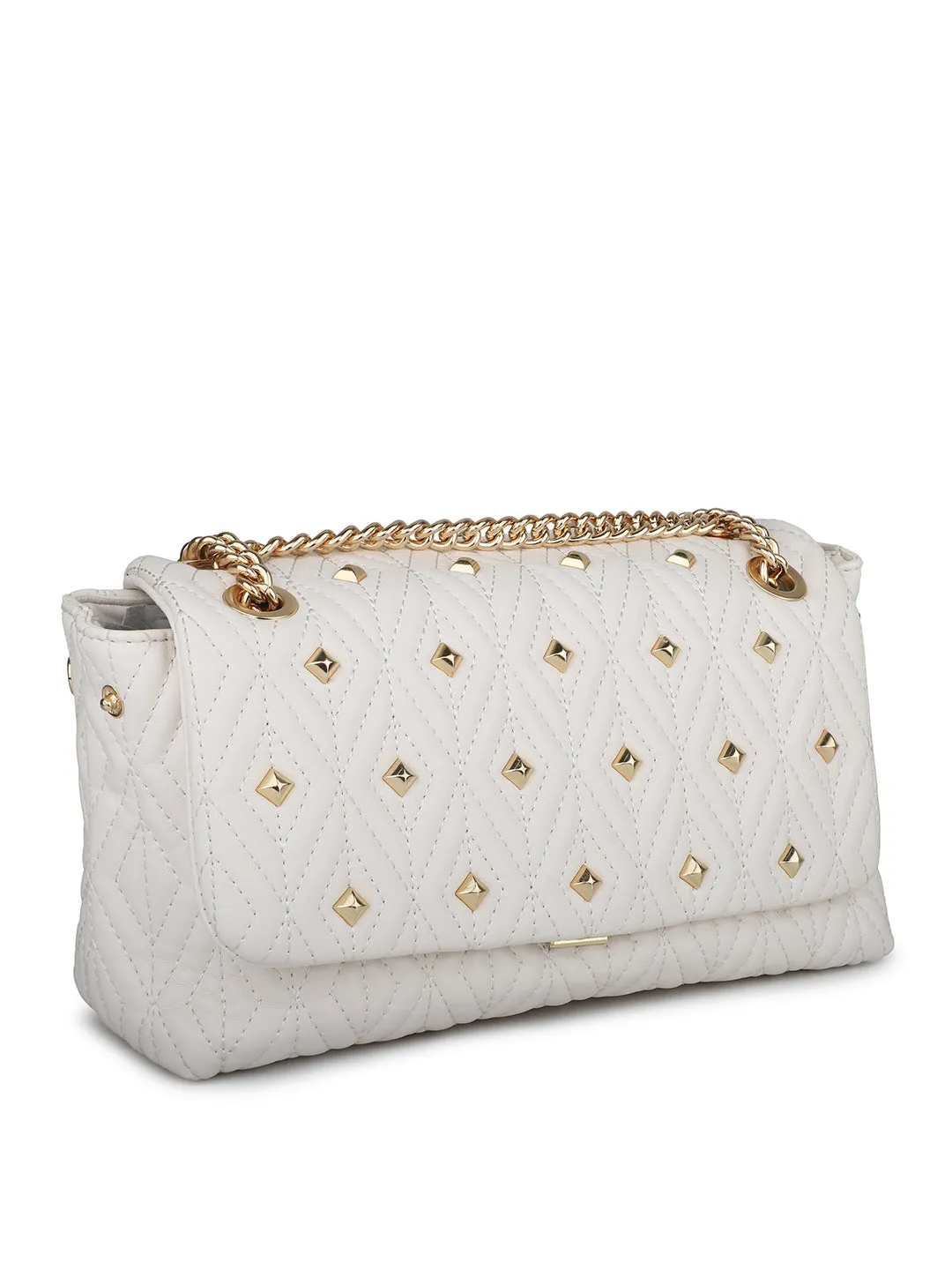 Women Off White Quilted Embellished Shoulder Bag