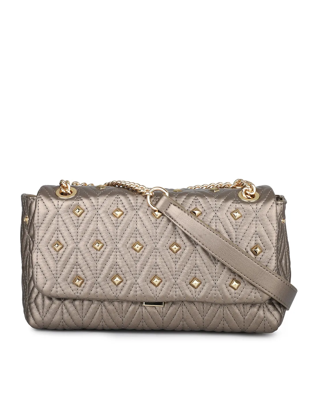 Women Pewter Quilted Embellished Shoulder Bag