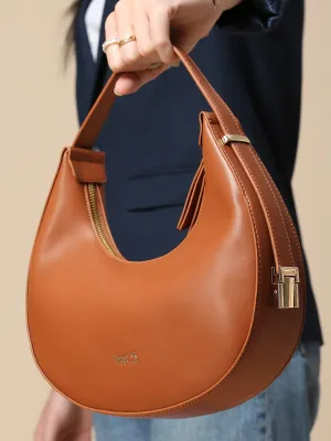 Women Tan Solid PU Half Moon Resizeable Shoulder Bag