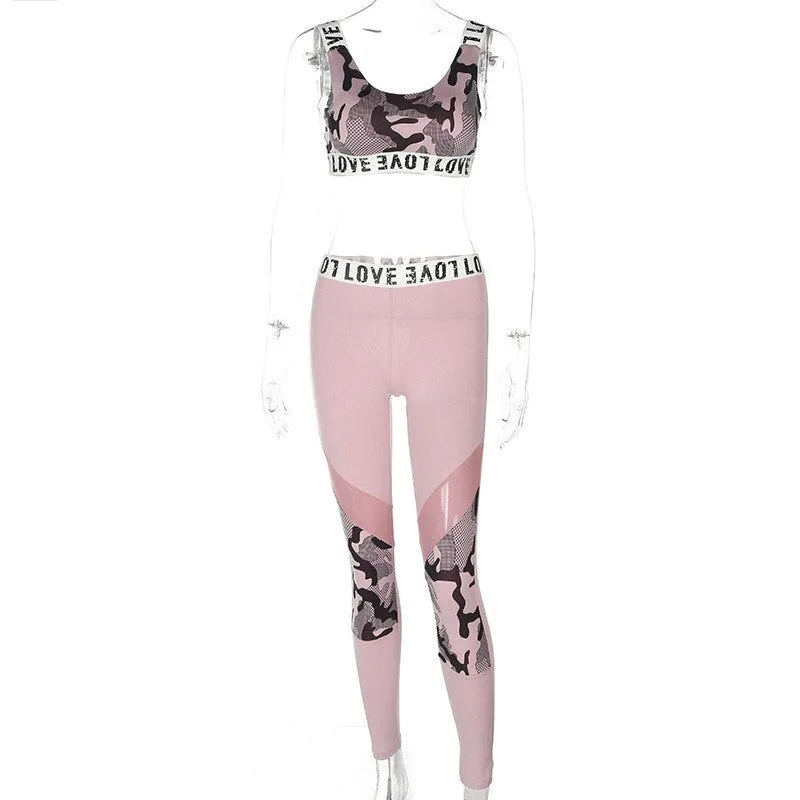 Women's Fitness Suits Pink Crop Tank Top Legging Pants 2 Pieces Set Fashion Female Sexy Camouflage Workout Tracksuit Summer Set