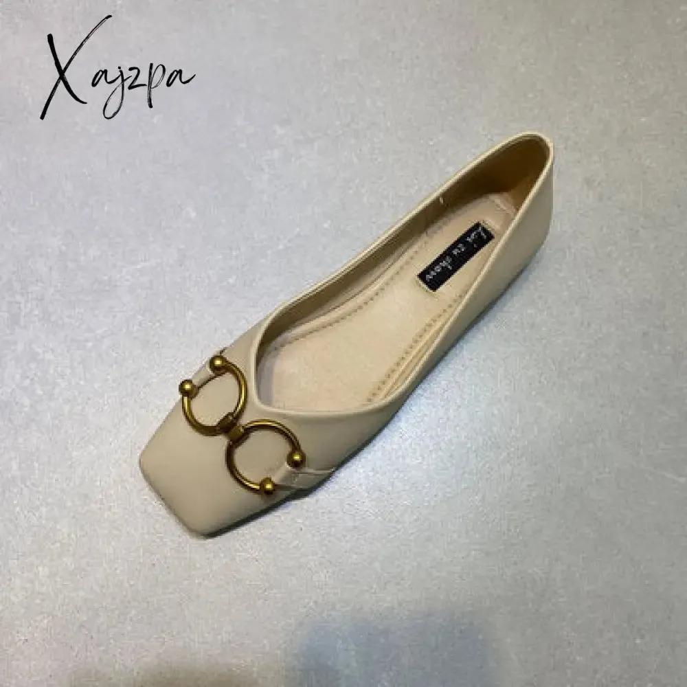 Xajzpa - Large size square toe women's shoes new fashion versatile shallow metal buckle flat shoes comfortable casual shoes