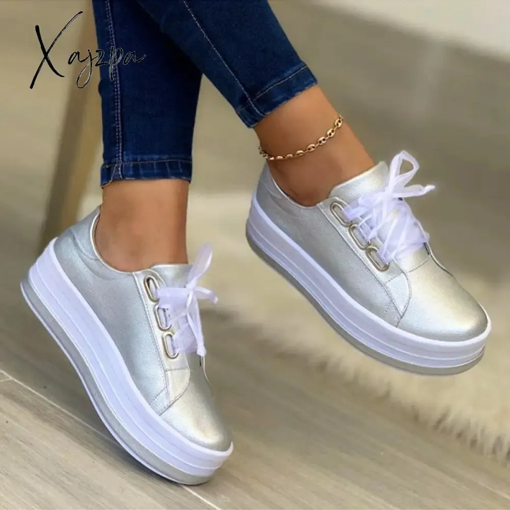 Xajzpa - Women Sports Shoes Lady Vulcanized Shoes Outdoor Platform Shoes Female Casual PU Fashion Sneakers Women Wedge Flats