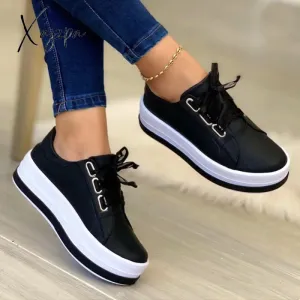 Xajzpa - Women Sports Shoes Lady Vulcanized Shoes Outdoor Platform Shoes Female Casual PU Fashion Sneakers Women Wedge Flats